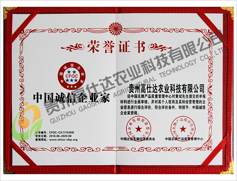 中國誠信企業家榮譽證書(shū)